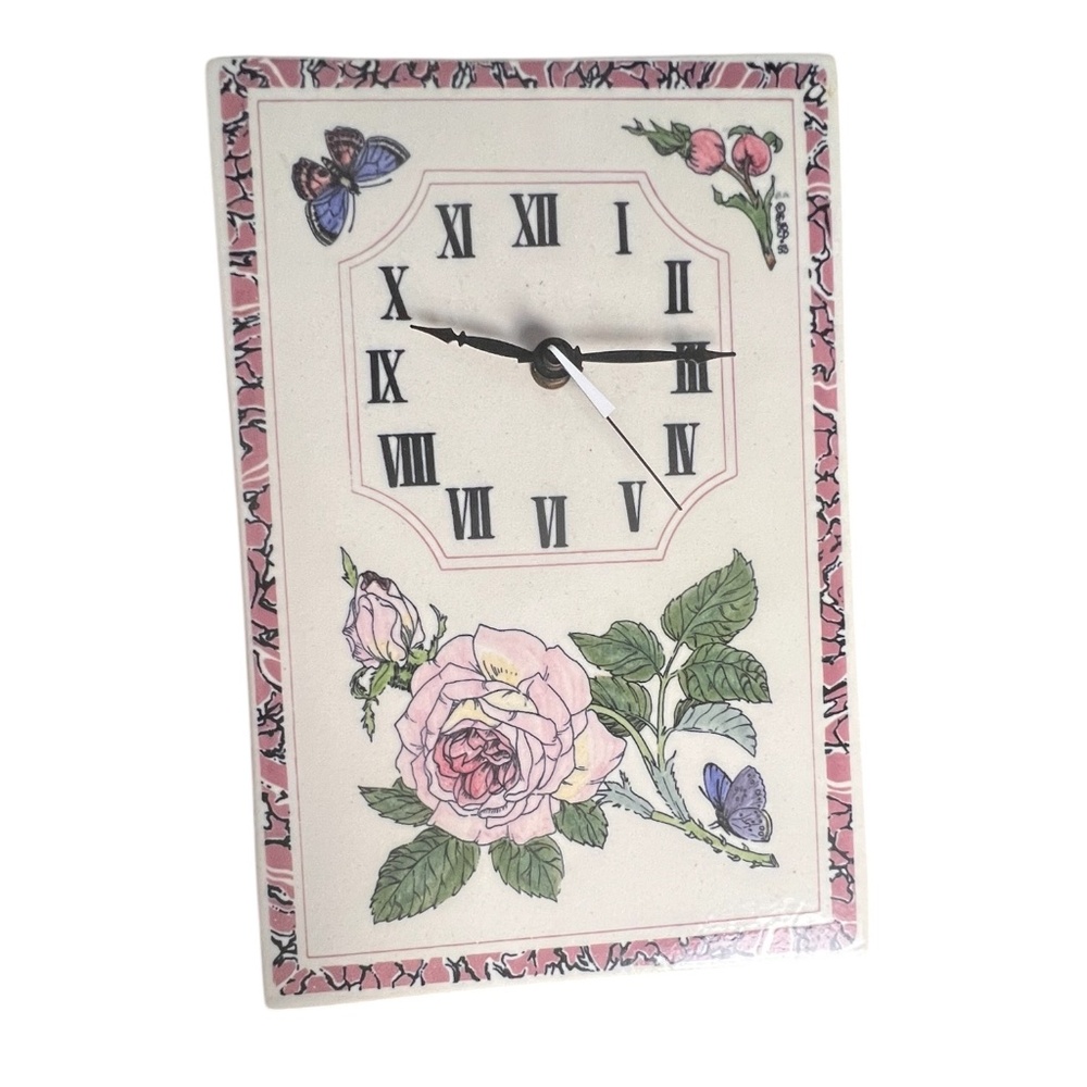Ceramic Sandy Clough Floral Wall Clock Roses & Butterflie, Vintage Used AS-IS